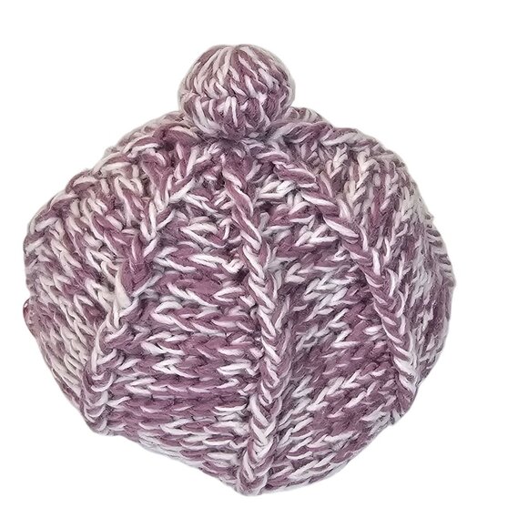 Ladies OS Fall Winter Warm Cozy Cable Knit Wool Riding Cap Purple White Pom Pom - Picture 7 of 16